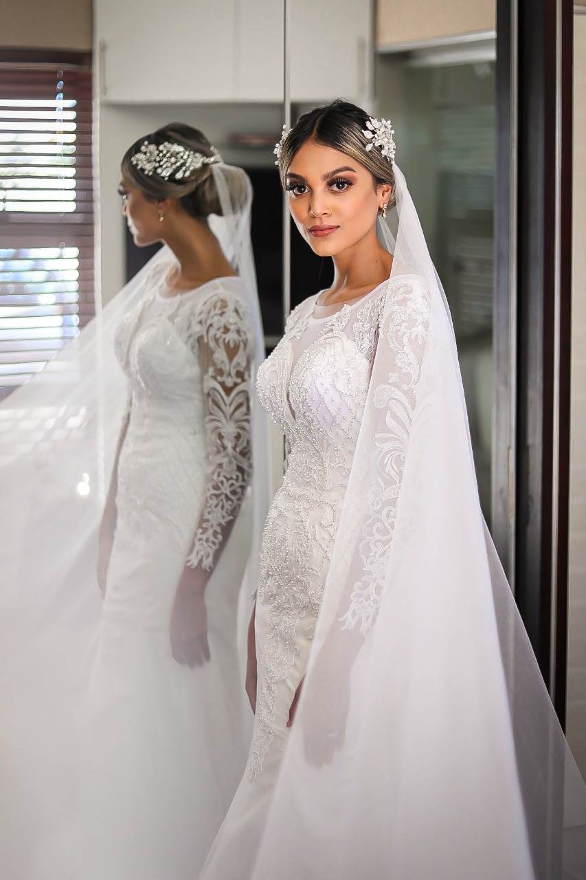 Beaded lace sleeve detail on a Saarahjasmin Couture bridal gown